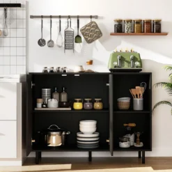 Holz Sideboard mit 4 Fächern & 2 Türen & Verstellbare Ablagen Buffetschrank Küchenschrank Schwarz