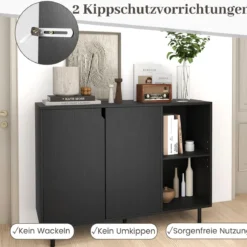 Holz Sideboard mit 4 Fächern & 2 Türen & Verstellbare Ablagen Buffetschrank Küchenschrank Schwarz