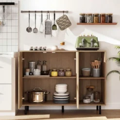 Holz Sideboard mit 4 Fächern & 2 Türen & Verstellbare Ablagen Buffetschrank Natur