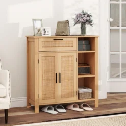 Holz Sideboard mit Rattangeflecht Türen & Schubladen Buffetschrank Küchenschrank Küchenbuffet