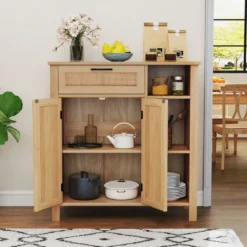 Holz Sideboard mit Rattangeflecht Türen & Schubladen Buffetschrank Küchenschrank Küchenbuffet