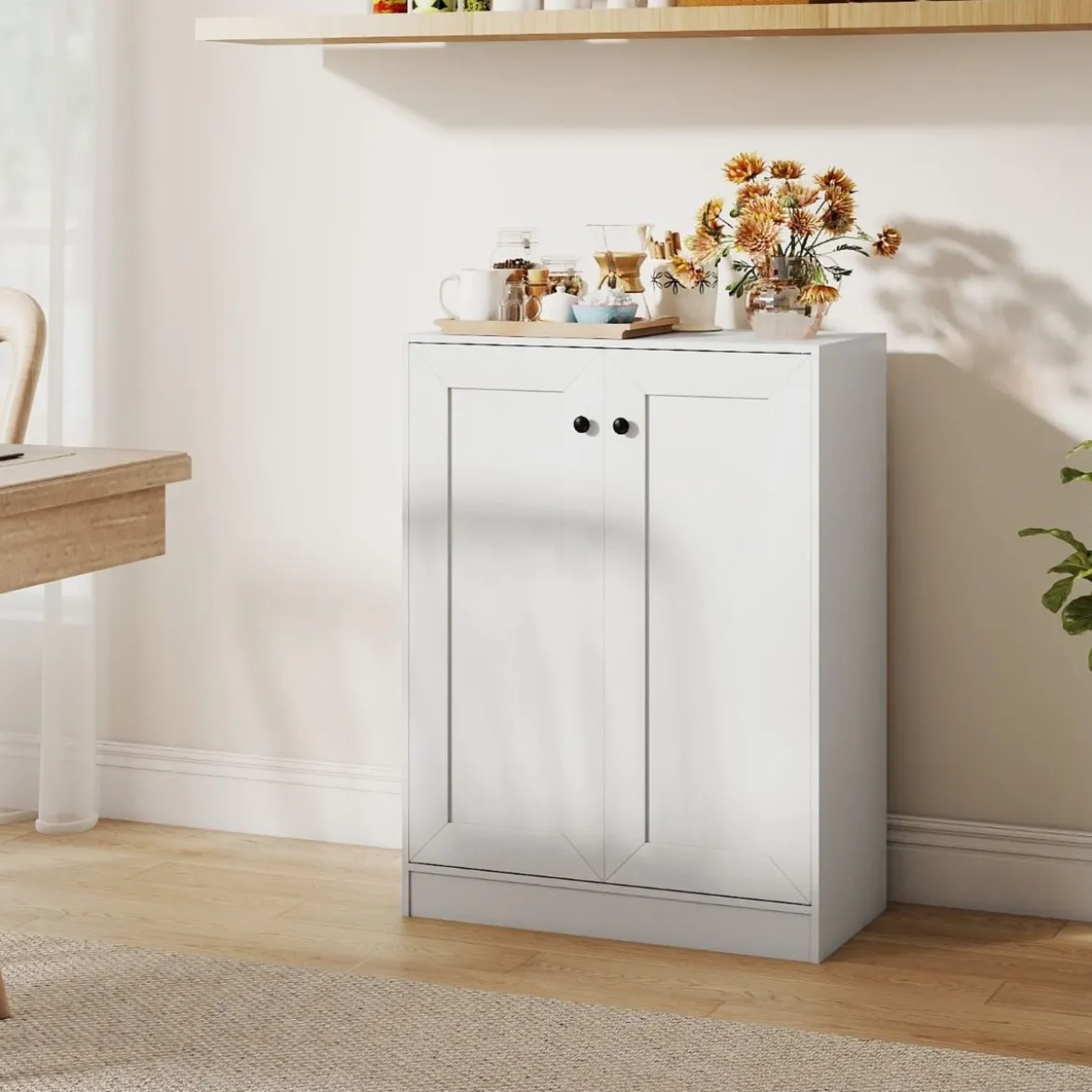 Holz Sideboard mit Türen & Verstellbaren Regalen Buffetschrank Bodenablageschrank Weiß