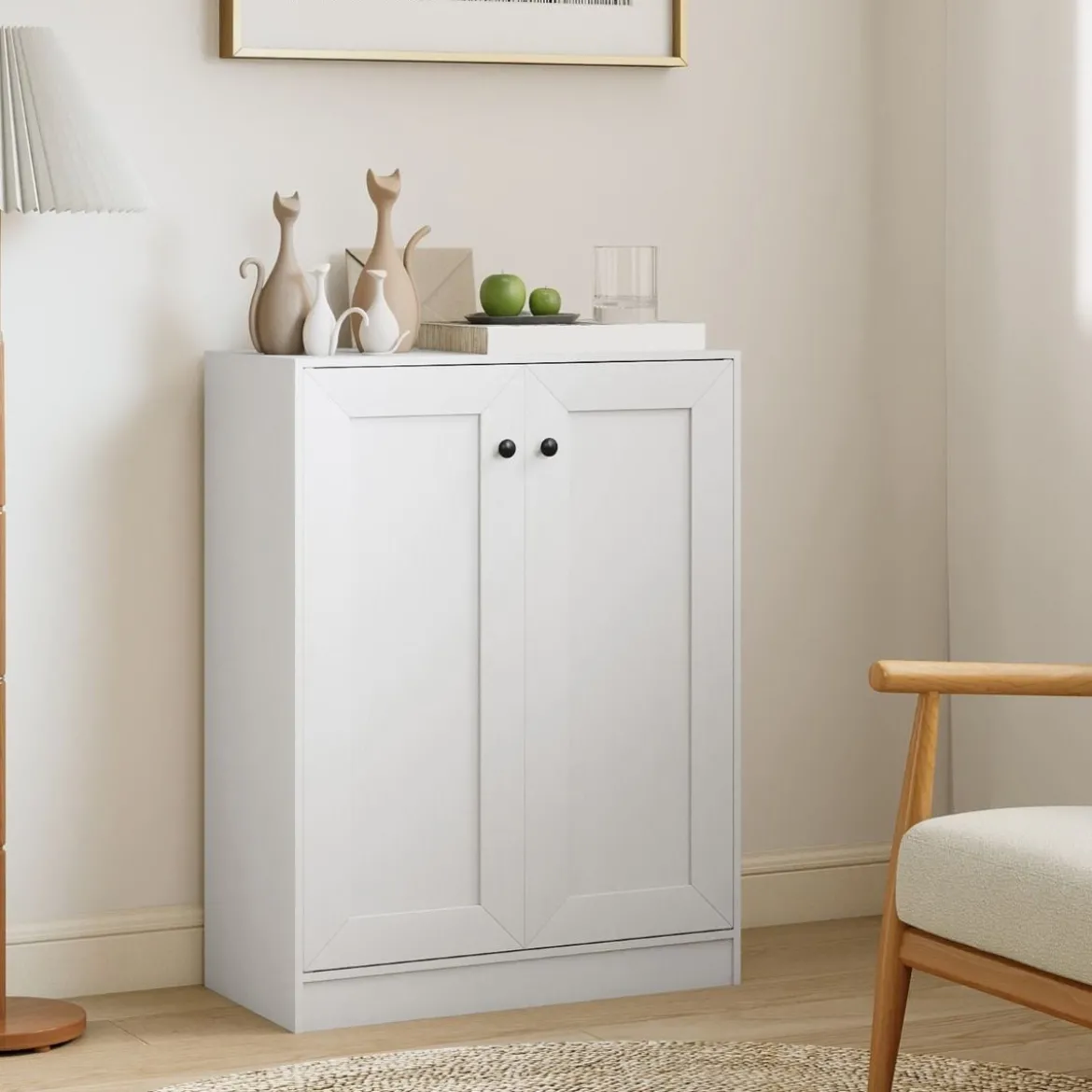 Holz Sideboard mit Türen & Verstellbaren Regalen Buffetschrank Bodenablageschrank Weiß