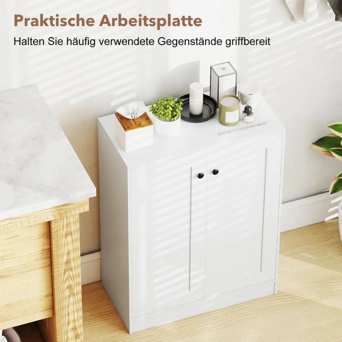 Holz Sideboard mit Türen & Verstellbaren Regalen Buffetschrank Bodenablageschrank Weiß