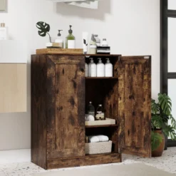 Holz Sideboard mit Türen & Verstellbaren Regalen Buffetschrank Bodenablageschrank Rustikales Braun