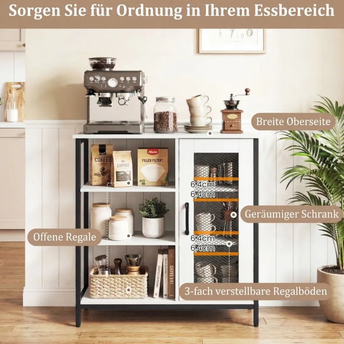 Holz Sideboard mit Tür & Verstellbaren Einlegeböden Küchenschrank Vintage Buffetschrank Weiß