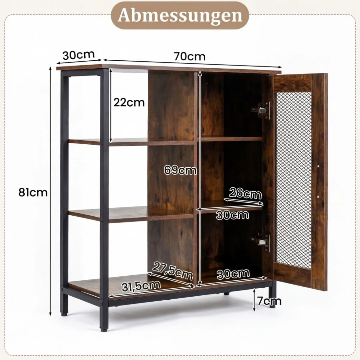 Holz Sideboard mit Tür & Verstellbaren Einlegeböden Küchenschrank Vintage Buffetschrank Braun