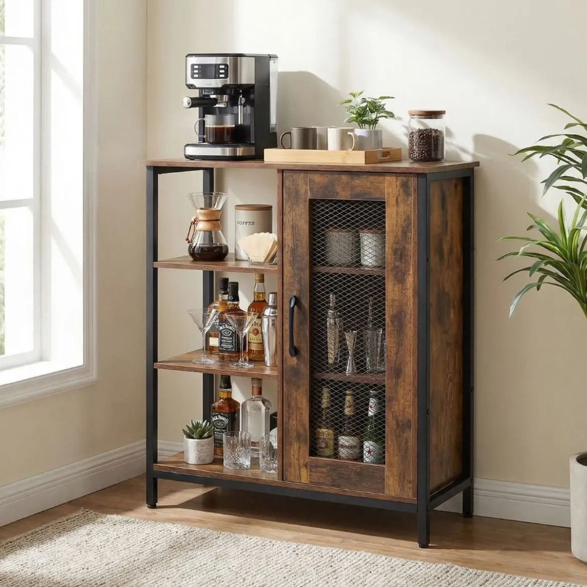 Holz Sideboard mit Tür & Verstellbaren Einlegeböden Küchenschrank Vintage Buffetschrank Braun