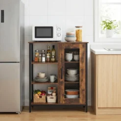 Holz Sideboard mit Tür & Verstellbaren Einlegeböden Küchenschrank Vintage Buffetschrank Braun