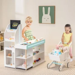 Holz-Supermarkt Spielset mit Kasse & Einkaufswagen & Tafel Spiel Lebensmittelgeschäft