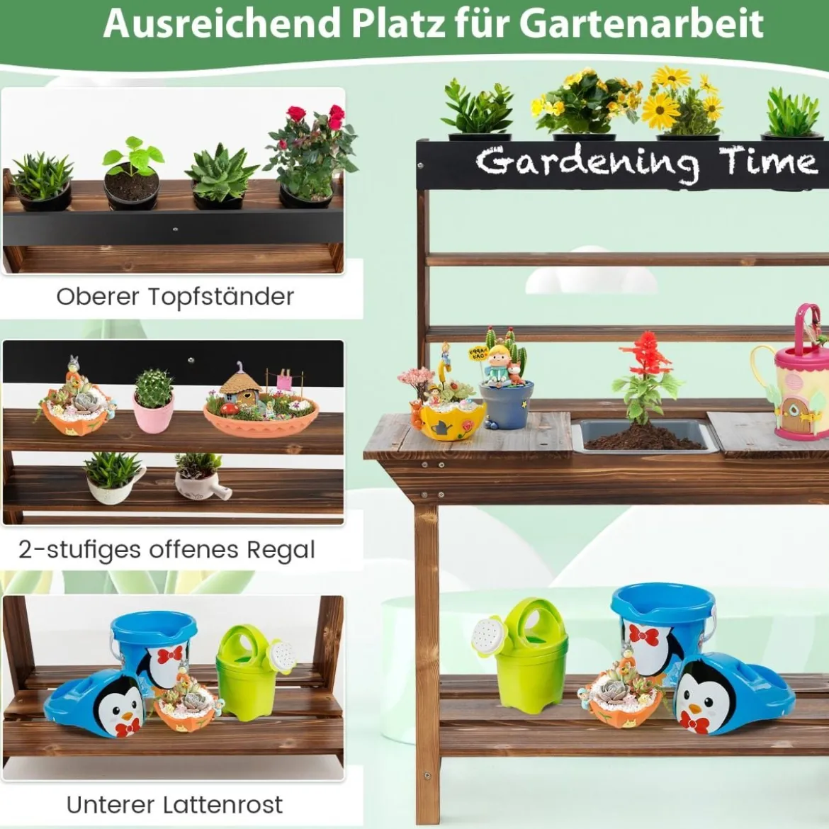 Holztisch mit Massivem Tannenholzrahmen & 4 Blumentöpfen & Abnehmbarem Waschbecken Tannenholz
