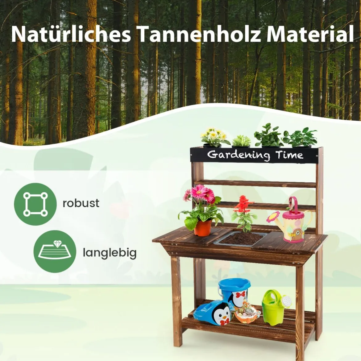 Holztisch mit Massivem Tannenholzrahmen & 4 Blumentöpfen & Abnehmbarem Waschbecken Tannenholz