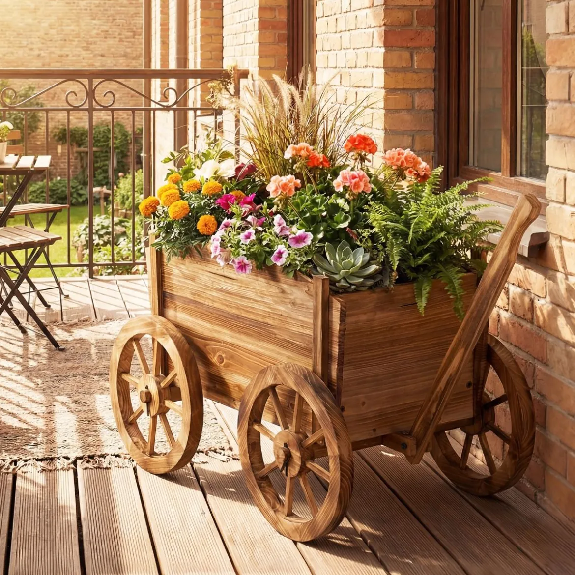 Holzwagen-Pflanzkübel rustikaler Blumenwagen mit Rädern & Griff Pflanzkarre mit Abflussloch Kaffee