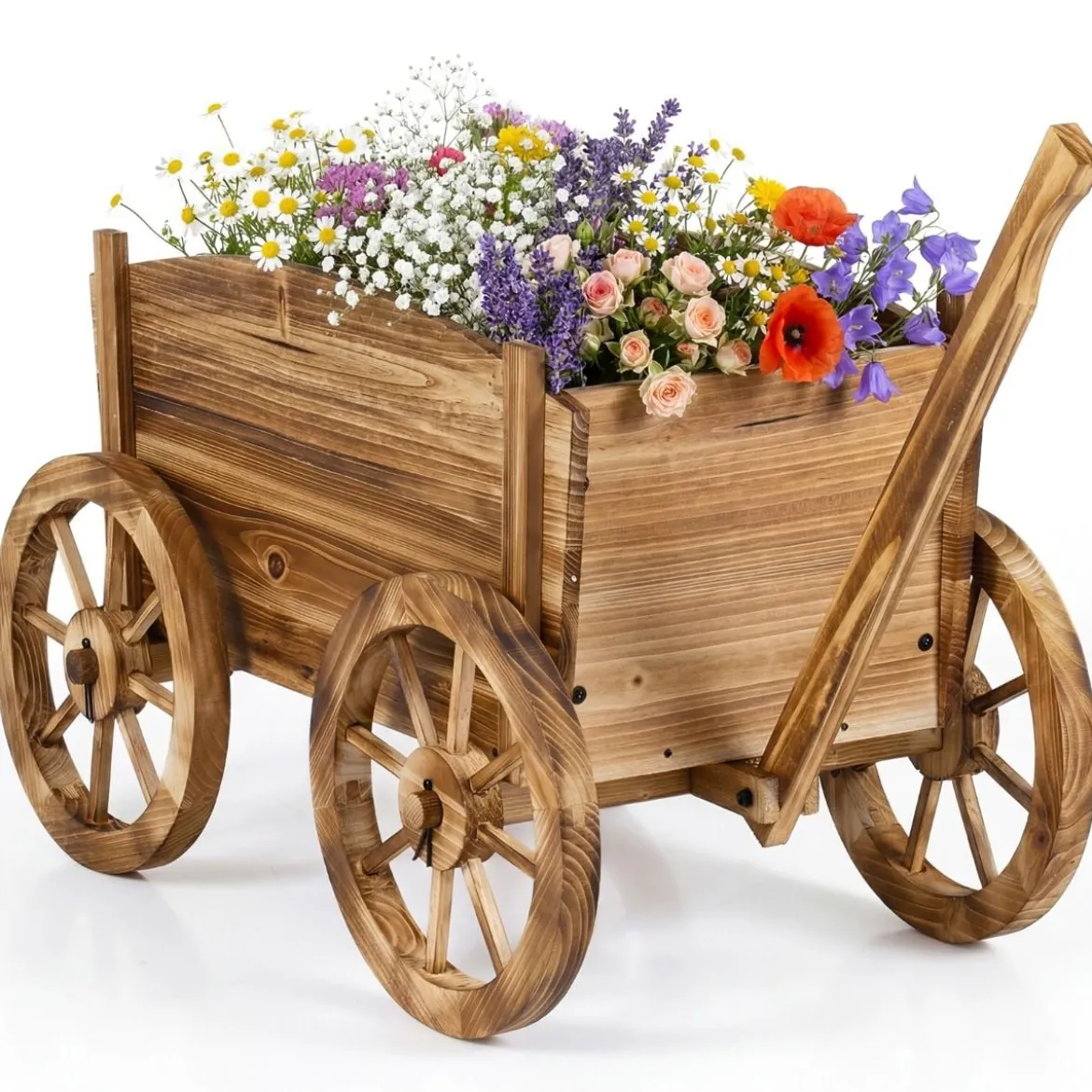 Holzwagen-Pflanzkübel rustikaler Blumenwagen mit Rädern & Griff Pflanzkarre mit Abflussloch Kaffee