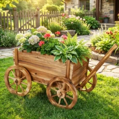 Holzwagen-Pflanzkübel rustikaler Blumenwagen mit Rädern & Griff Pflanzkarre mit Abflussloch Kaffee