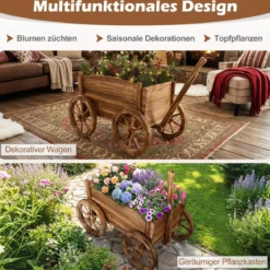 Holzwagen-Pflanzkübel rustikaler Blumenwagen mit Rädern & Griff Pflanzkarre mit Abflussloch Kaffee