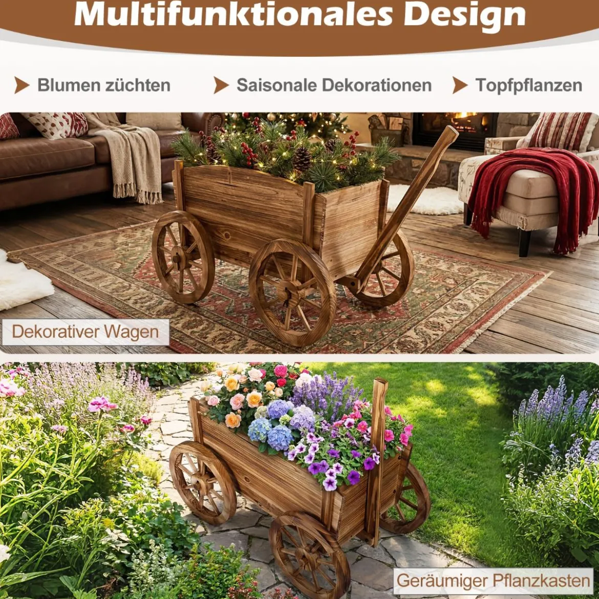 Holzwagen-Pflanzkübel rustikaler Blumenwagen mit Rädern & Griff Pflanzkarre mit Abflussloch Kaffee