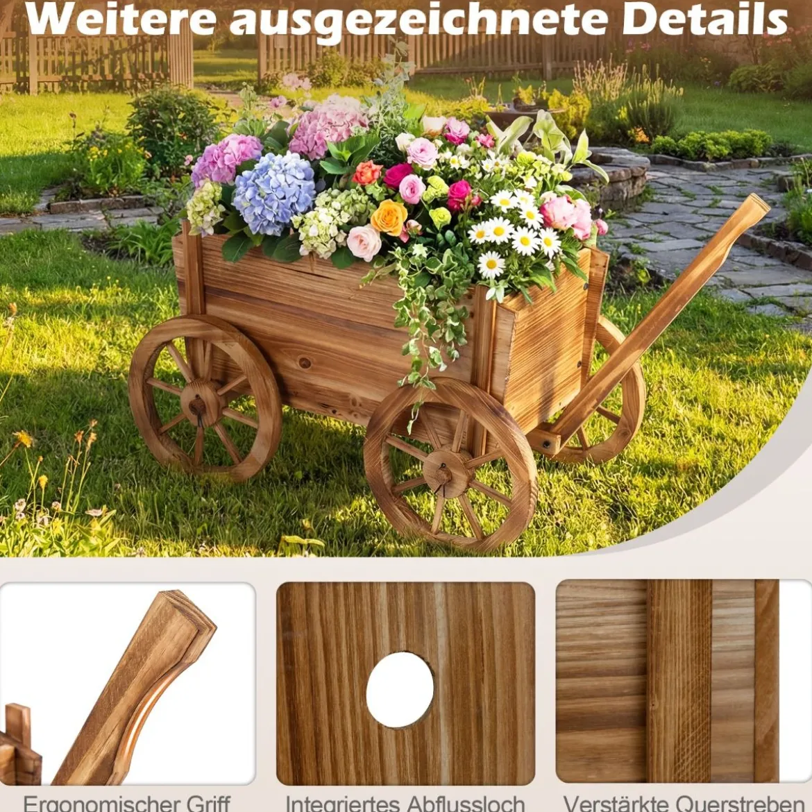 Holzwagen-Pflanzkübel rustikaler Blumenwagen mit Rädern & Griff Pflanzkarre mit Abflussloch Kaffee