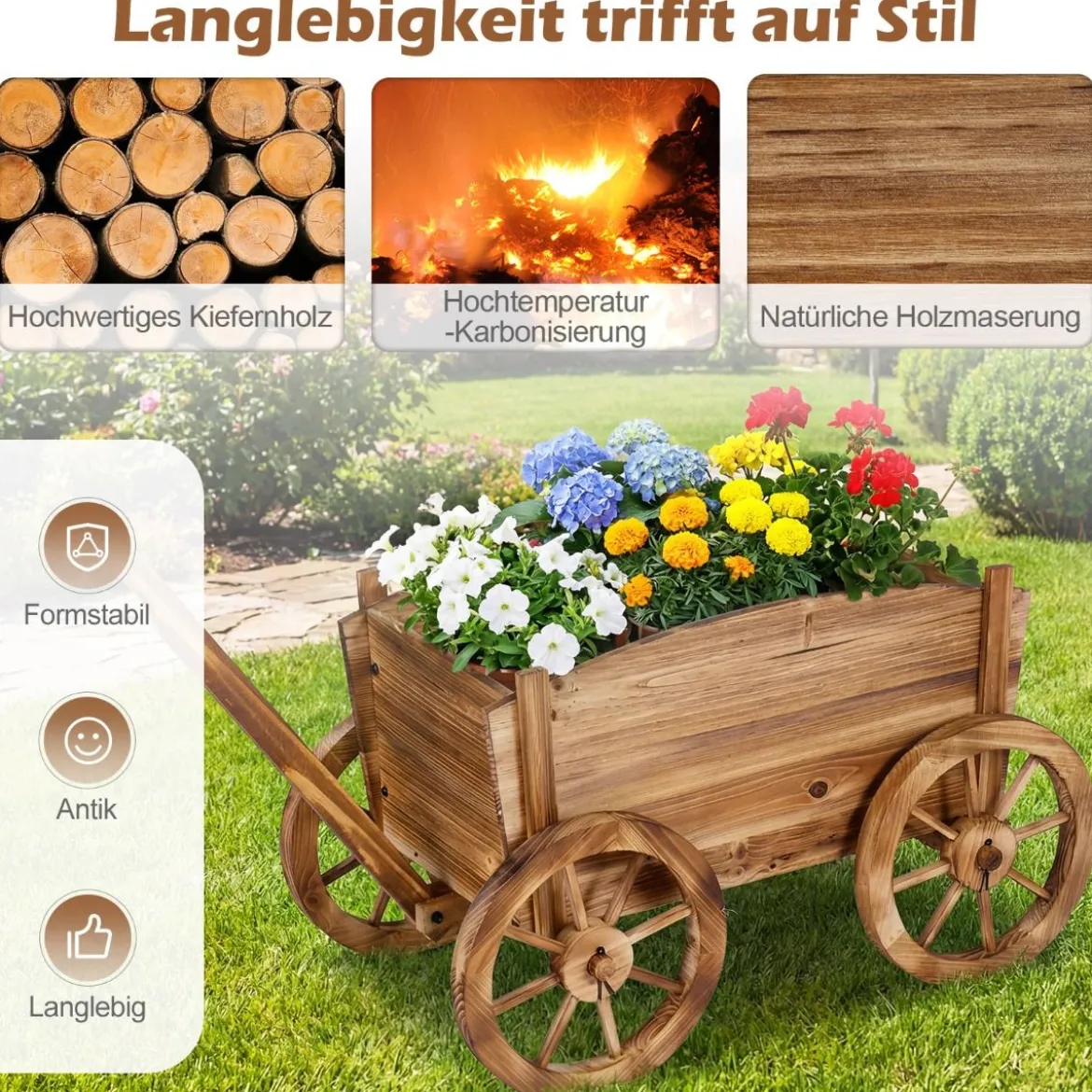 Holzwagen-Pflanzkübel rustikaler Blumenwagen mit Rädern & Griff Pflanzkarre mit Abflussloch Kaffee