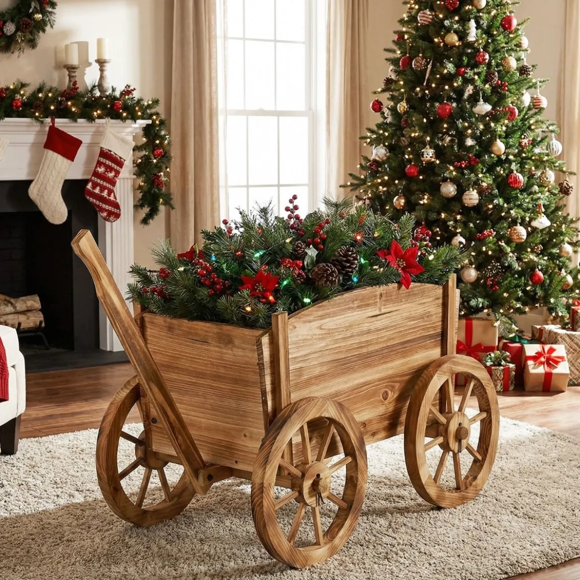 Holzwagen-Pflanzkübel rustikaler Blumenwagen mit Rädern & Griff Pflanzkarre mit Abflussloch Kaffee