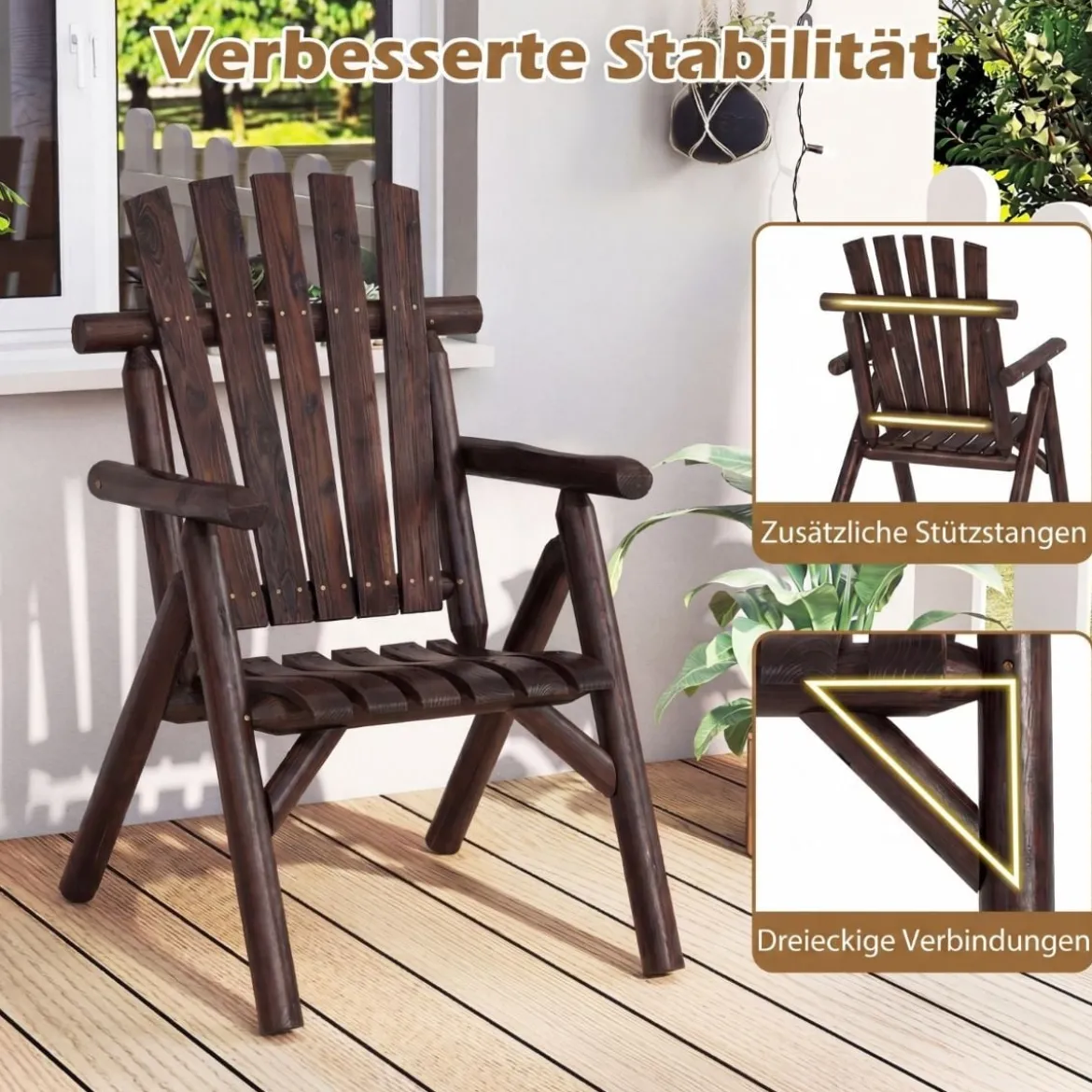 Holz Wetterfester Gartensessel mit Geneigter Rückenlehne & Armlehnen Gartenstuhl Braun
