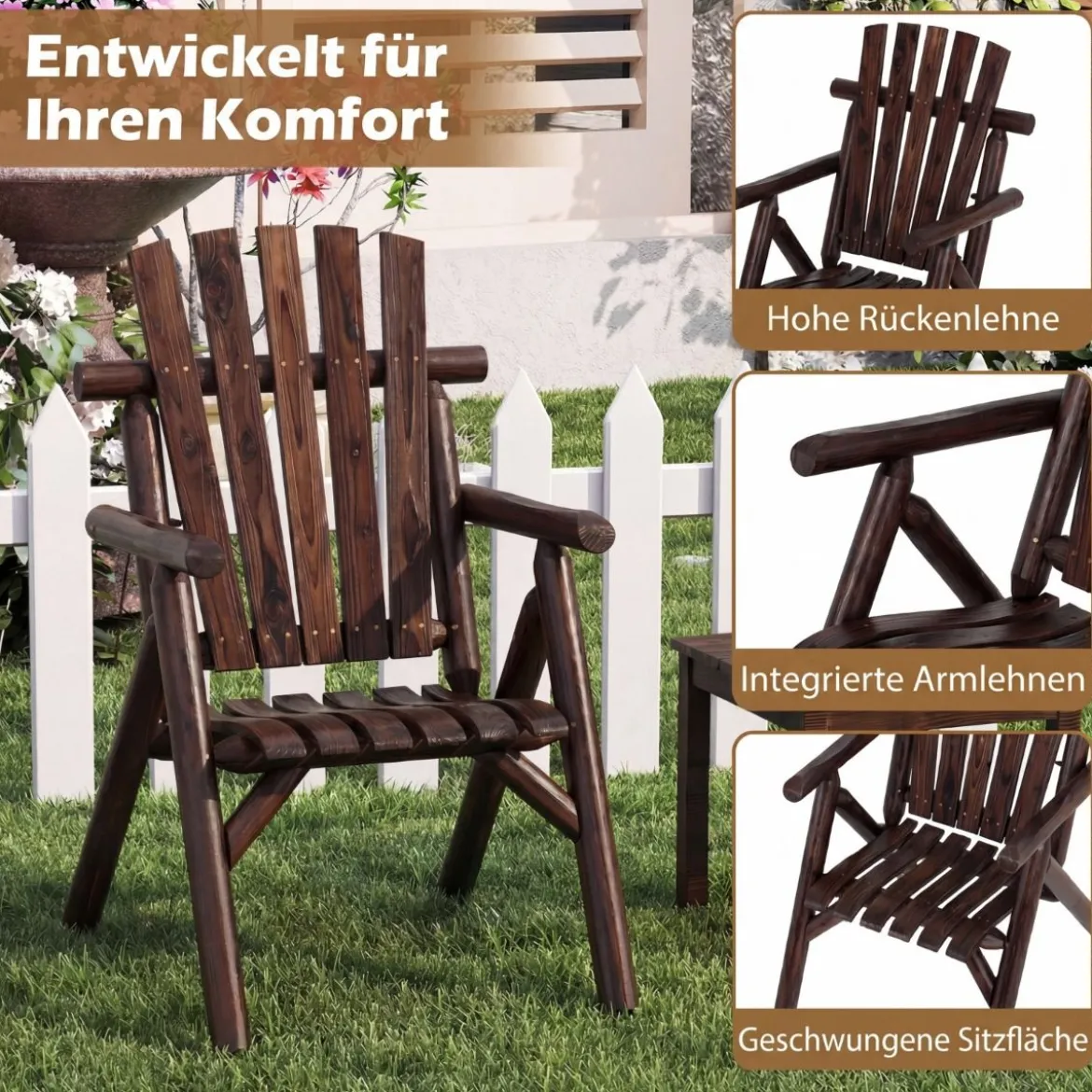 Holz Wetterfester Gartensessel mit Geneigter Rückenlehne & Armlehnen Gartenstuhl Braun