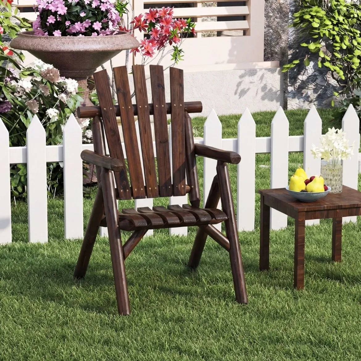 Holz Wetterfester Gartensessel mit Geneigter Rückenlehne & Armlehnen Gartenstuhl Braun