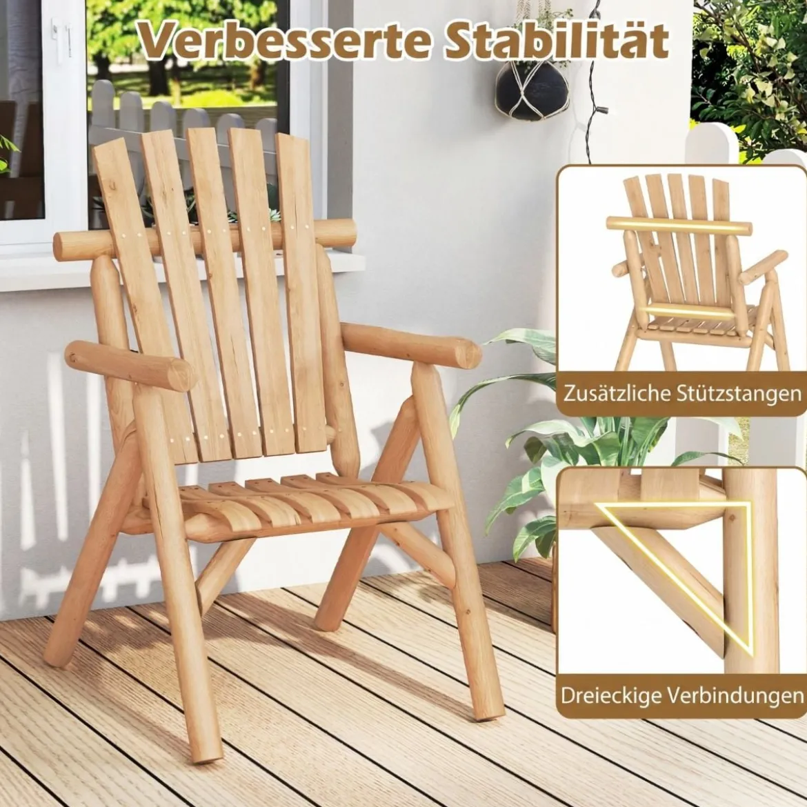 Holz Wetterfester Gartensessel mit Geneigter Rückenlehne & Armlehnen Gartenstuhl Natur