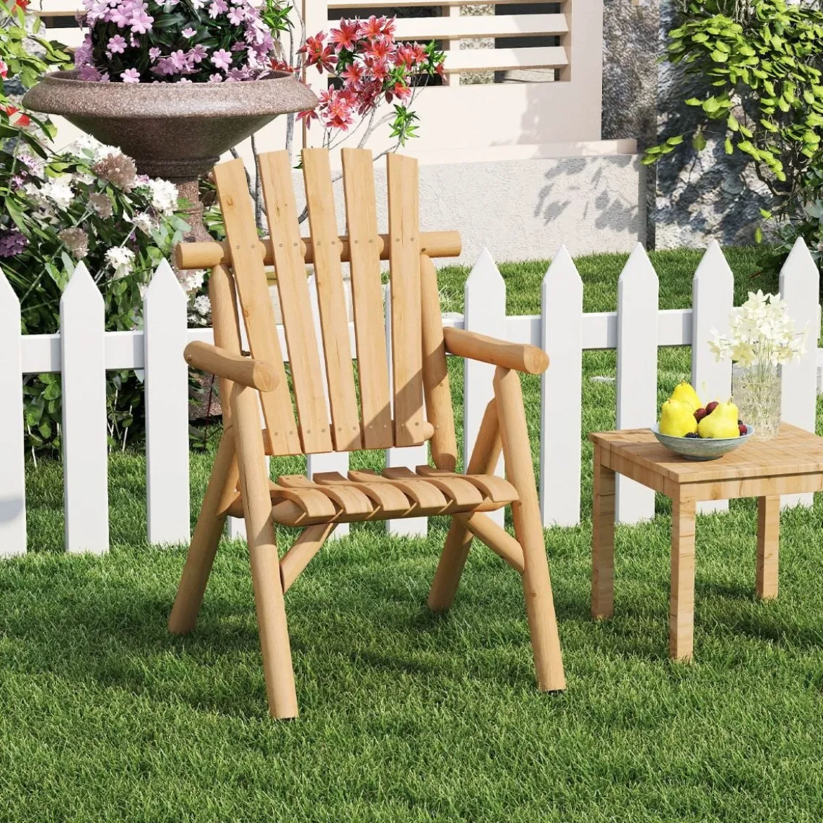 Holz Wetterfester Gartensessel mit Geneigter Rückenlehne & Armlehnen Gartenstuhl Natur