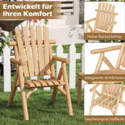 Holz Wetterfester Gartensessel mit Geneigter Rückenlehne & Armlehnen Gartenstuhl Natur