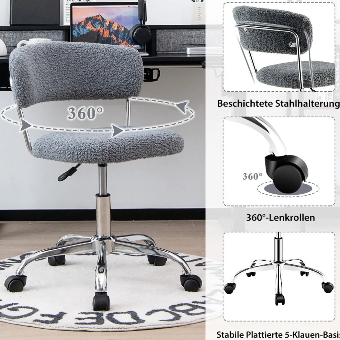 Home Office Drehstuhl aus Kunstpelz mit Höhenverstellbarem gepolstertem Sitz Grau