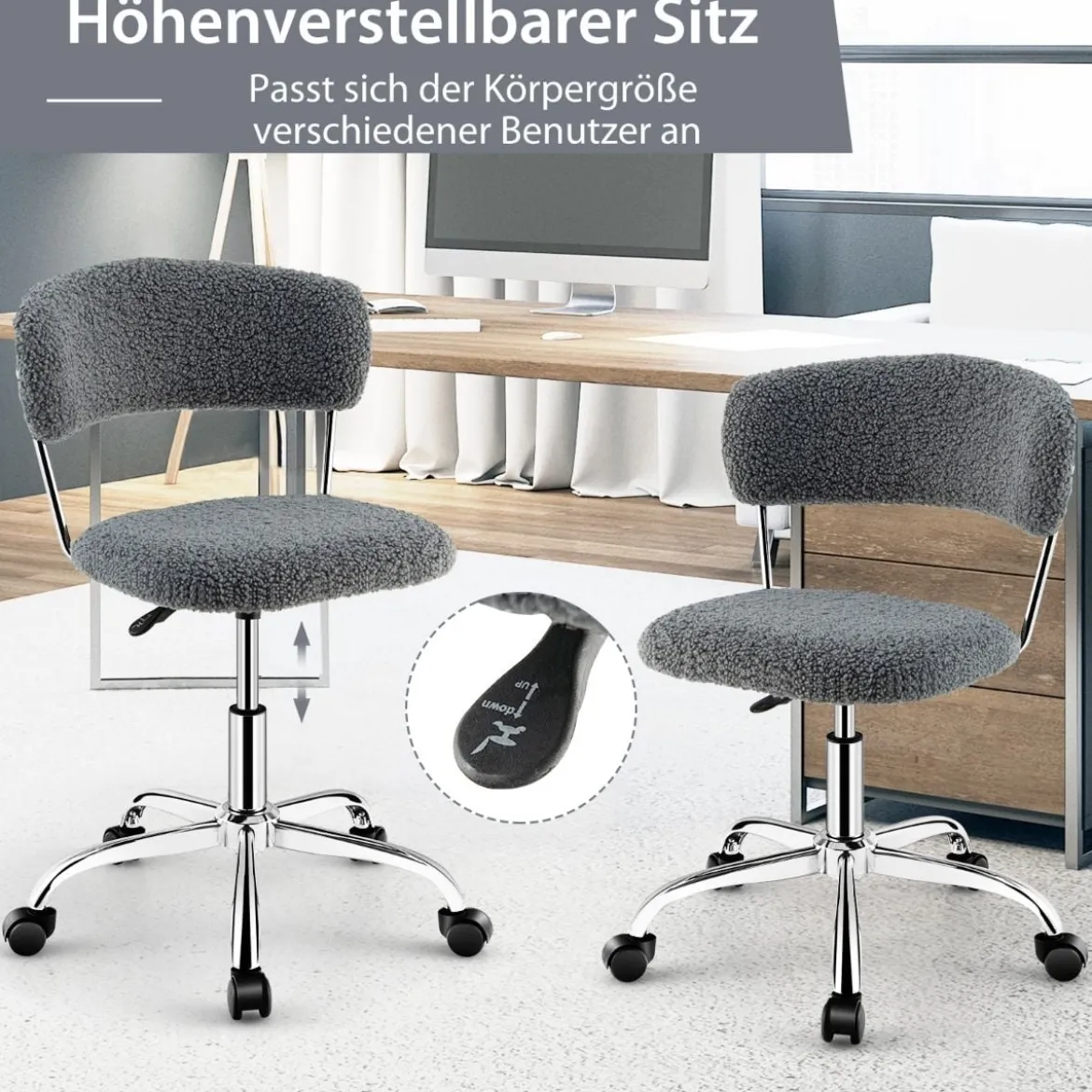 Home Office Drehstuhl aus Kunstpelz mit Höhenverstellbarem gepolstertem Sitz Grau