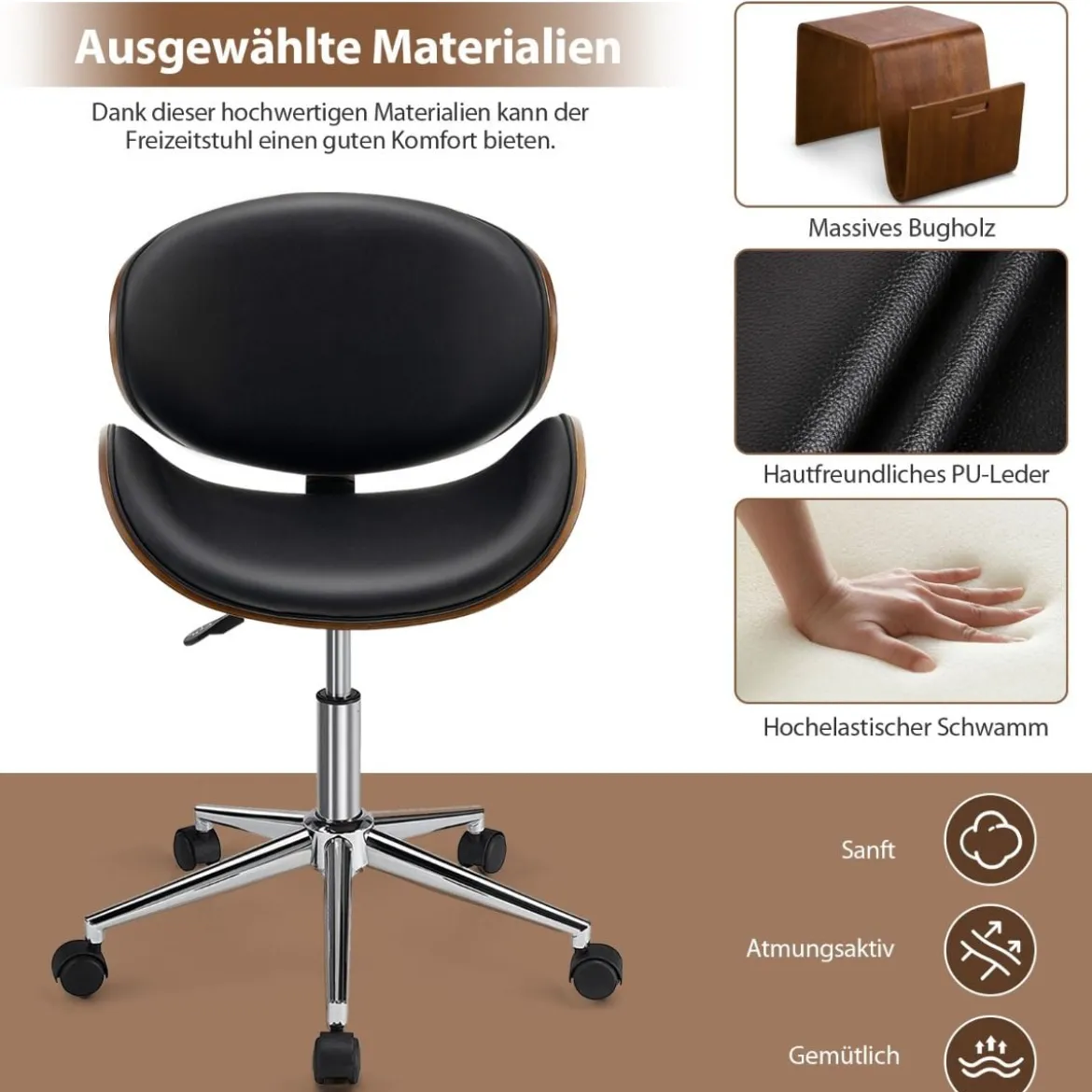 Home Office Schreibtischstuhl mit Gebogenem Drehsitz und Verstellbarer Höhe Schwarz