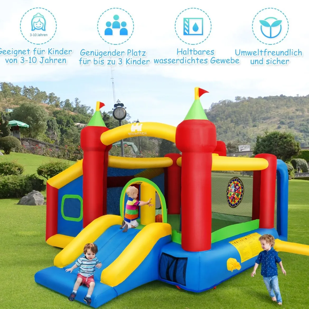 Hüpfburg Aufblasbare Kinder Springburg Spielburg mit Rutsche Bunt 380 x 305 x 215 cm