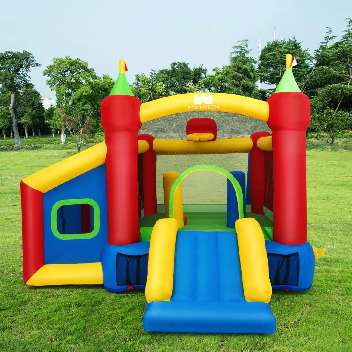 Hüpfburg Aufblasbare Kinder Springburg Spielburg mit Rutsche Bunt 380 x 305 x 215 cm