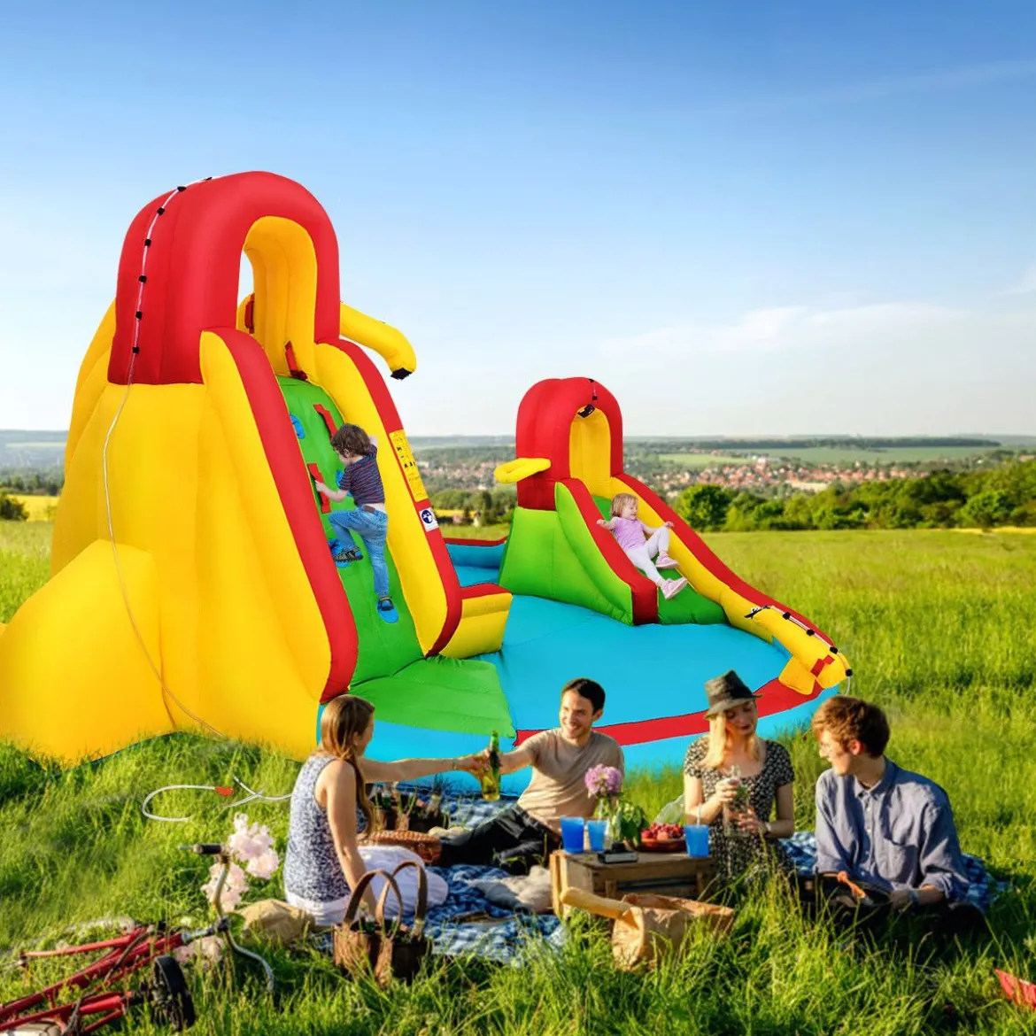Hüpfburg Aufblasbare Wasserrutsche Kinder Springburg Wasserspielplatz mit 2 Rutschen & Kletterwand