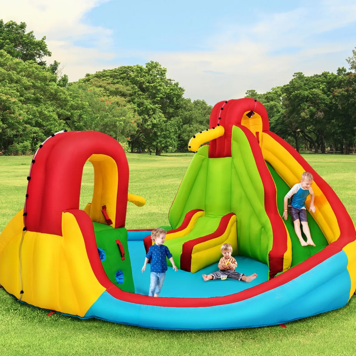 Hüpfburg Aufblasbare Wasserrutsche Kinder Springburg Wasserspielplatz mit 2 Rutschen & Kletterwand