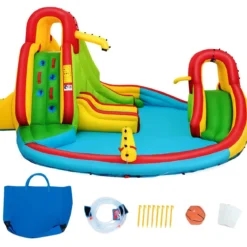 Hüpfburg Aufblasbare Wasserrutsche Kinder Springburg Wasserspielplatz mit 2 Rutschen & Kletterwand
