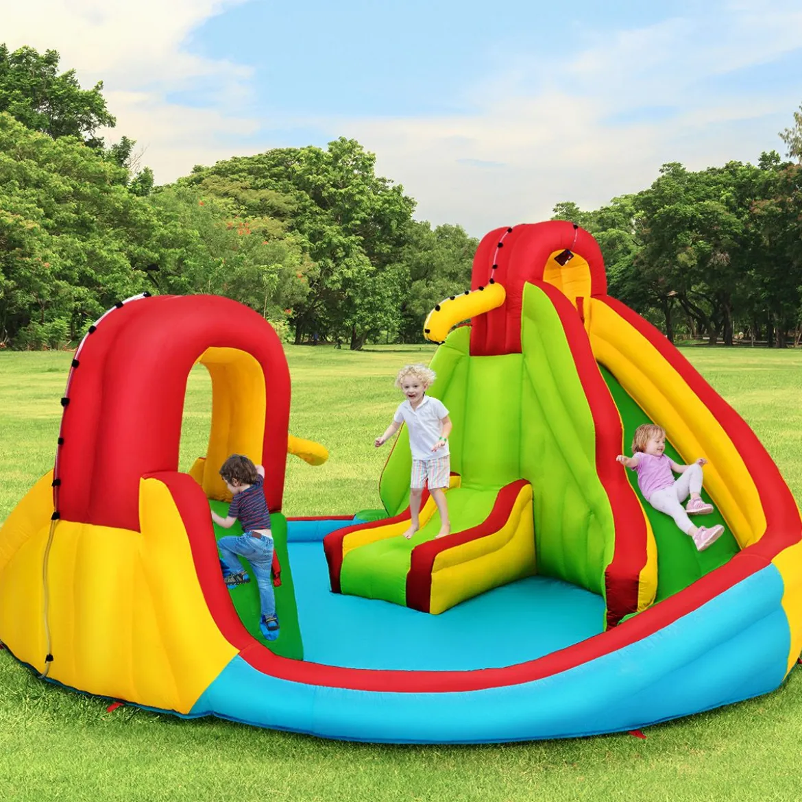 Hüpfburg Aufblasbare Wasserrutsche Kinder Springburg Wasserspielplatz mit 2 Rutschen & Kletterwand