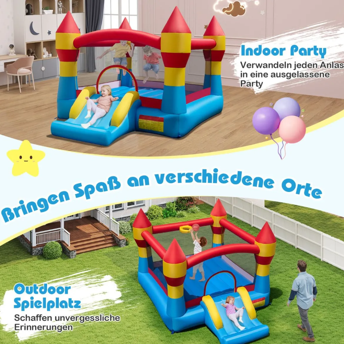 Hüpfburg Aufblasbar Spielburg Outdoor Bouncer mit Rutsche Bunt 370 x 280 x 230 cm