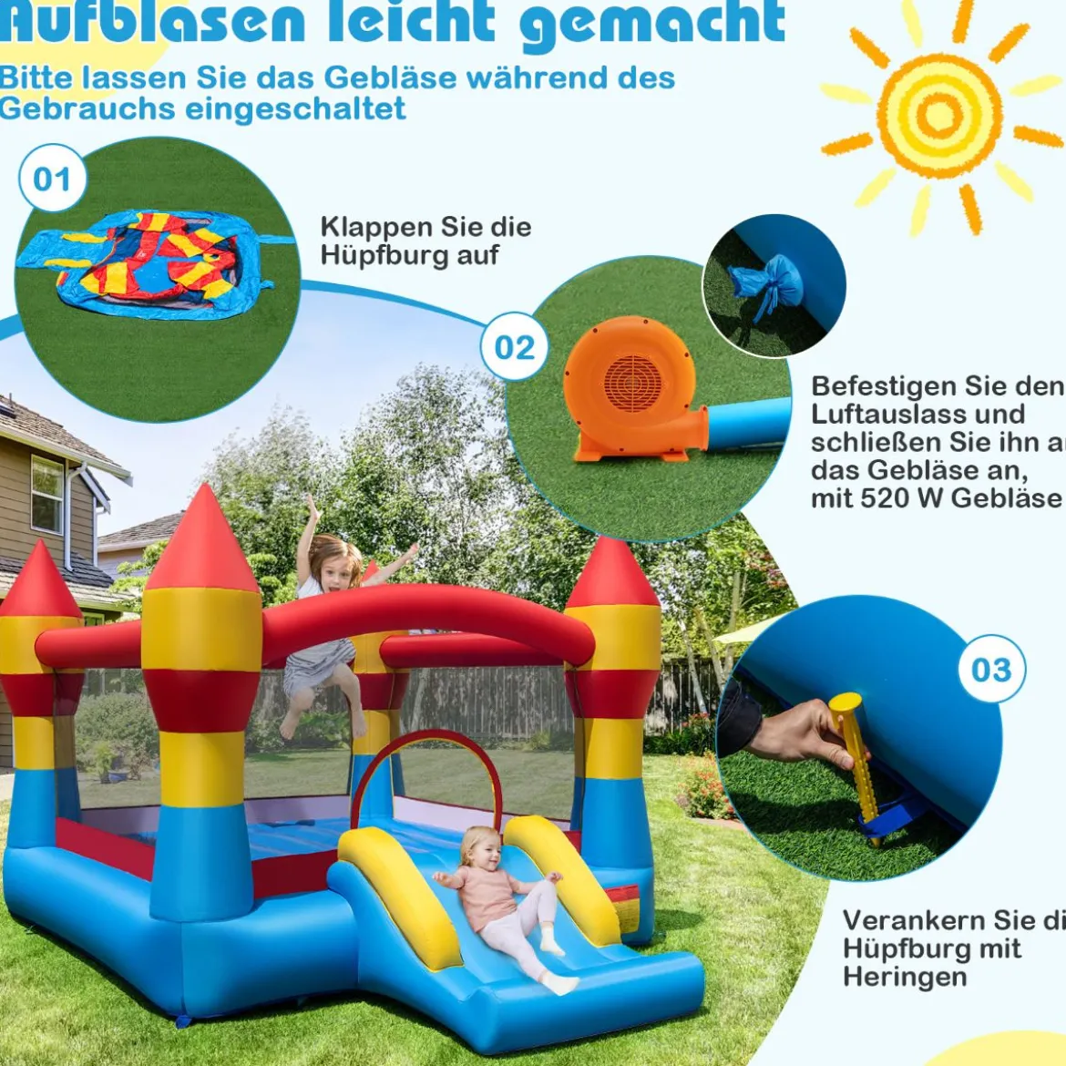 Hüpfburg Aufblasbar Spielburg Outdoor Bouncer mit Rutsche Bunt 370 x 280 x 230 cm