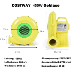 Hüpfburg Aufblasbar Spielburg 370 x 280 x 230 cm + Gebläse 450 W Elektrischer Ventilator Set