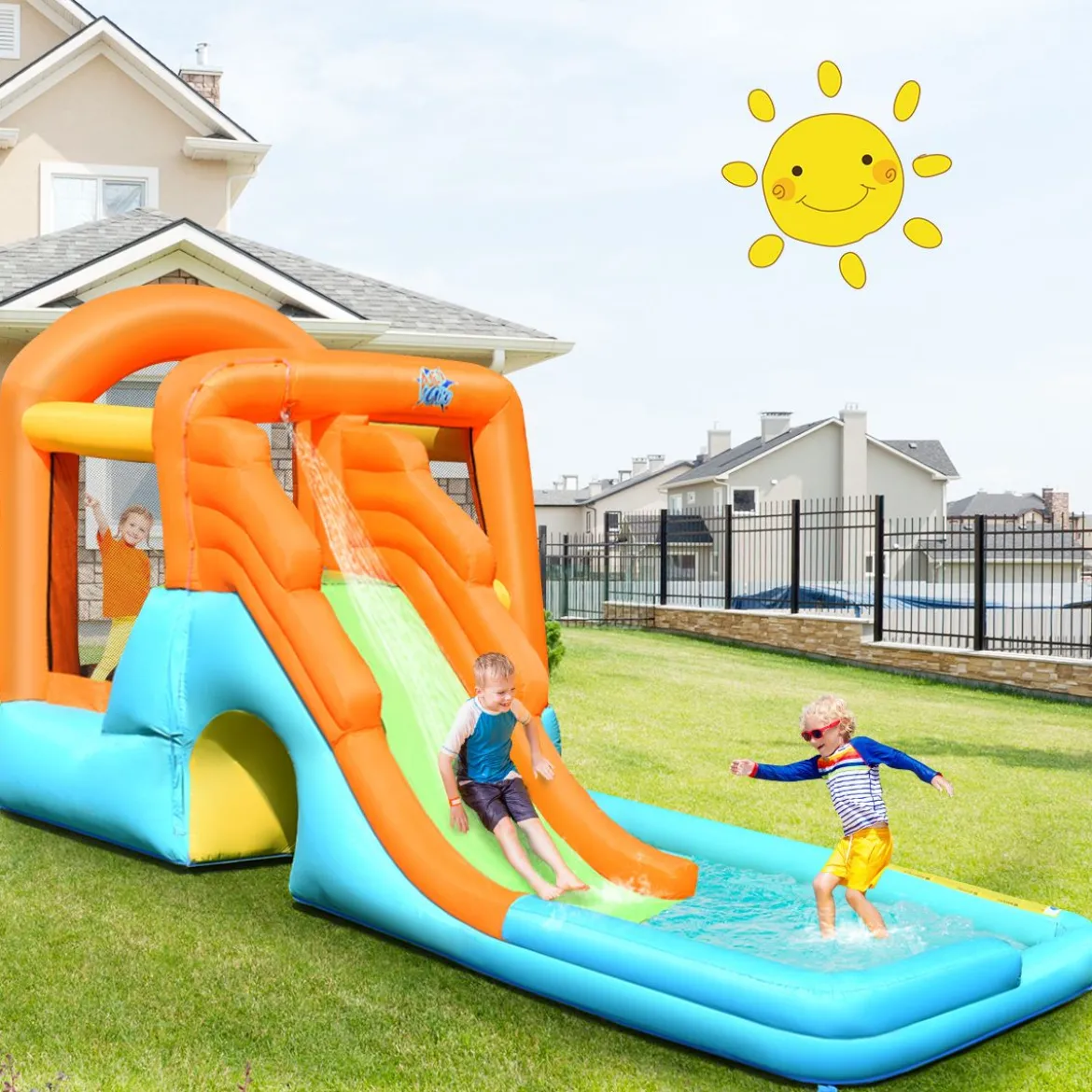 Hüpfburg aufblasbar Spielpool Wasserspiel Wasserpark mit Wasserrutsche 490 x 225 x 240 cm
