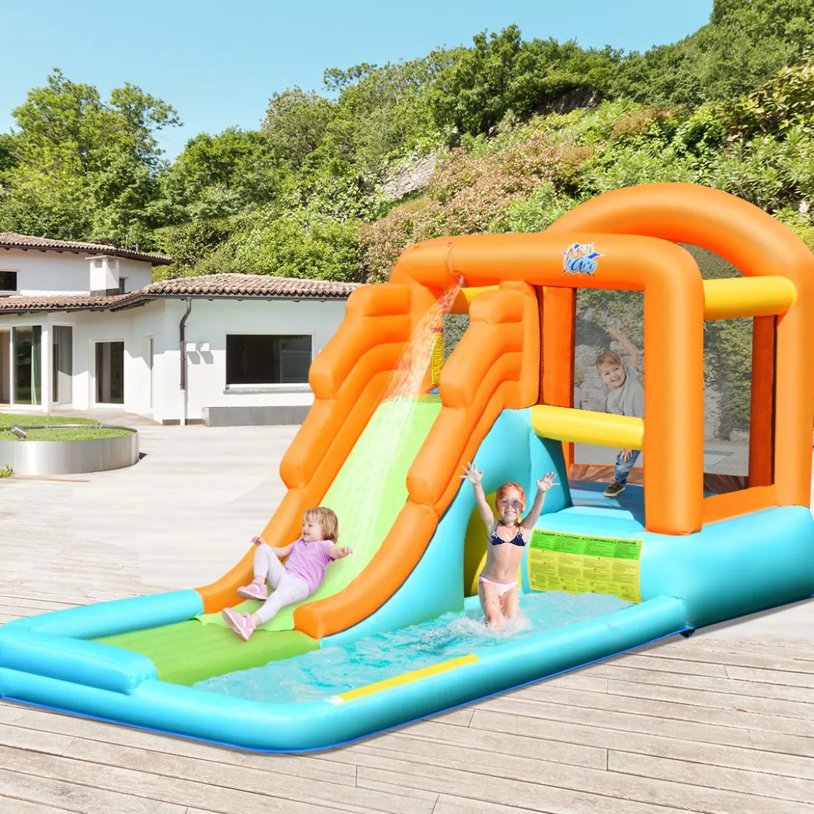 Hüpfburg aufblasbar Spielpool Wasserspiel Wasserpark mit Wasserrutsche 490 x 225 x 240 cm
