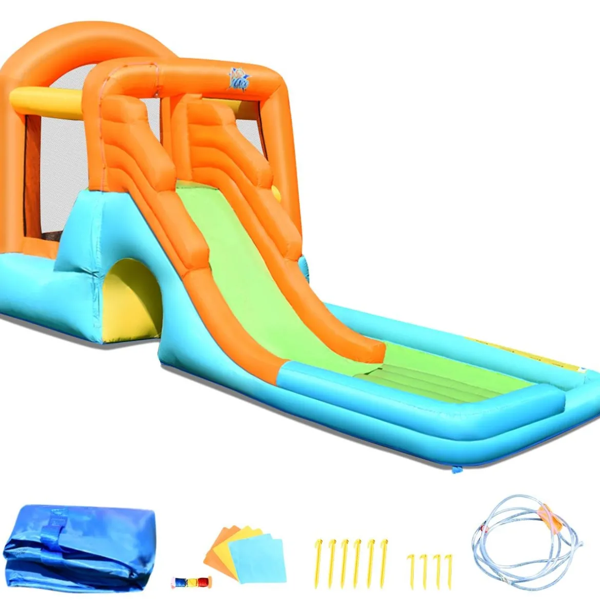 Hüpfburg aufblasbar Spielpool Wasserspiel Wasserpark mit Wasserrutsche 490 x 225 x 240 cm