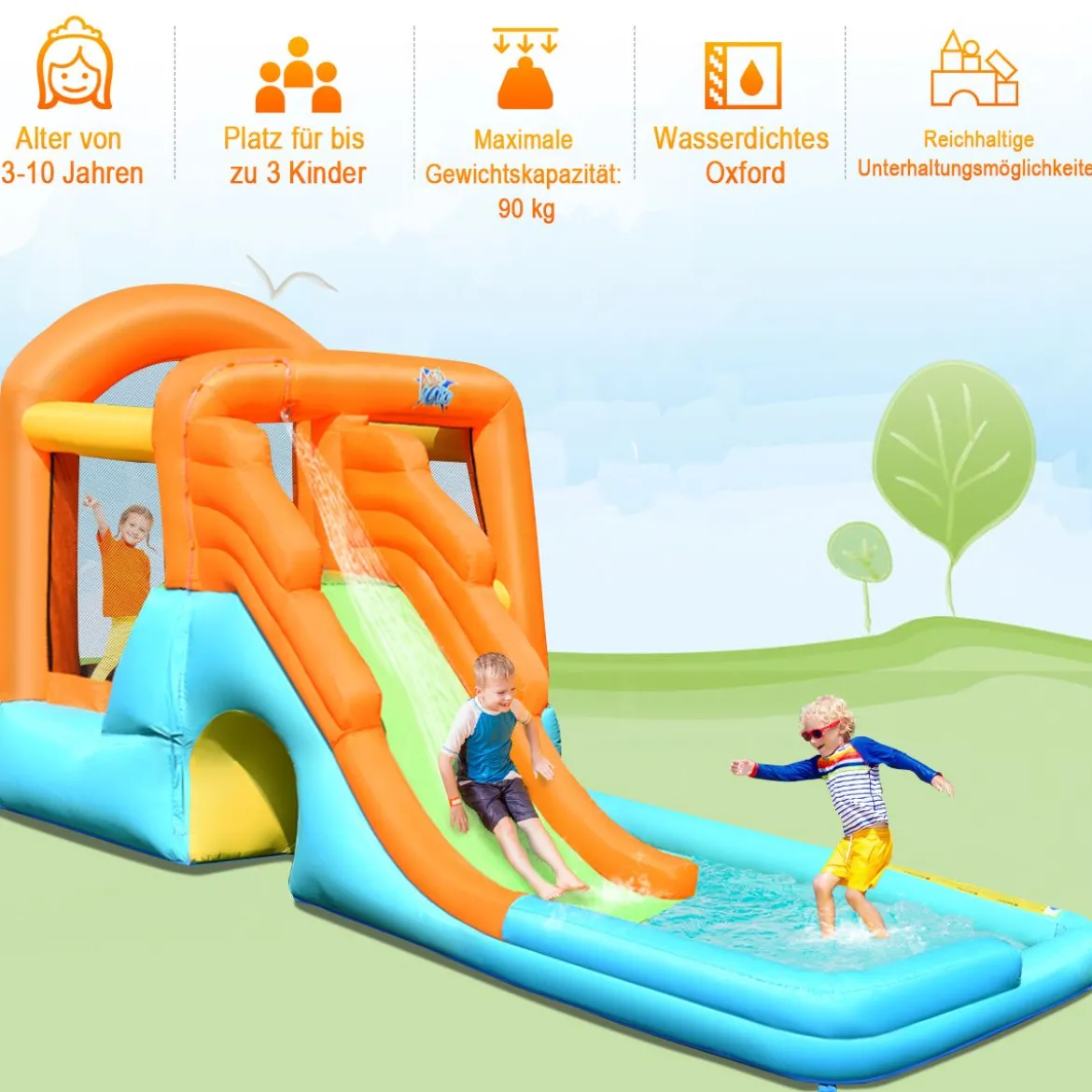 Hüpfburg aufblasbar Spielpool Wasserspiel Wasserpark mit Wasserrutsche 490 x 225 x 240 cm