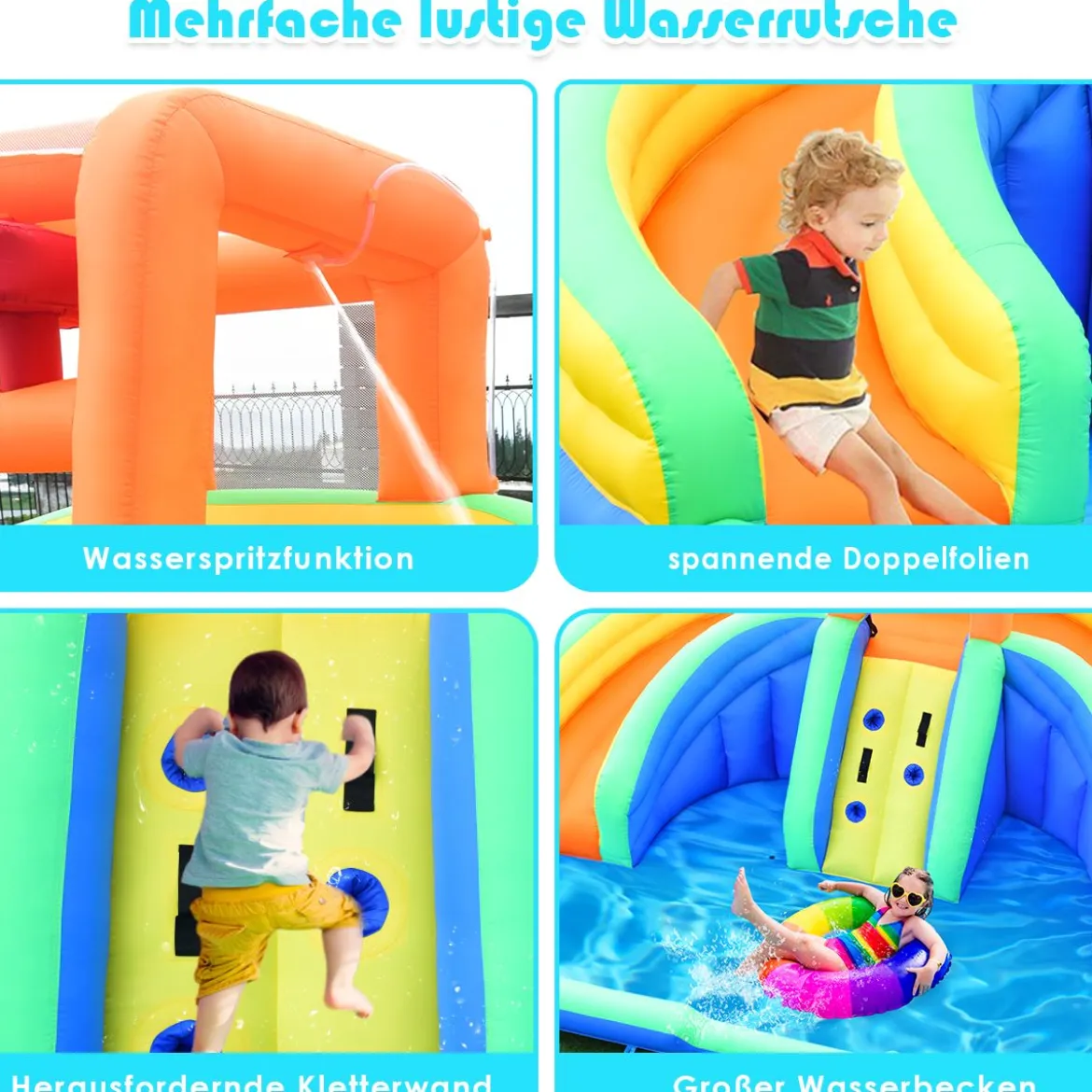 Hüpfburg aufblasbar Spielpool Wasserpark mit 2 Rutschen und Kletterwand 4,5x3x2M