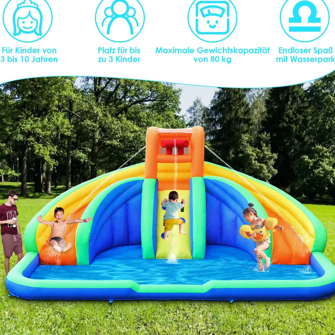 Hüpfburg aufblasbar Spielpool Wasserpark mit 2 Rutschen und Kletterwand 4,5x3x2M