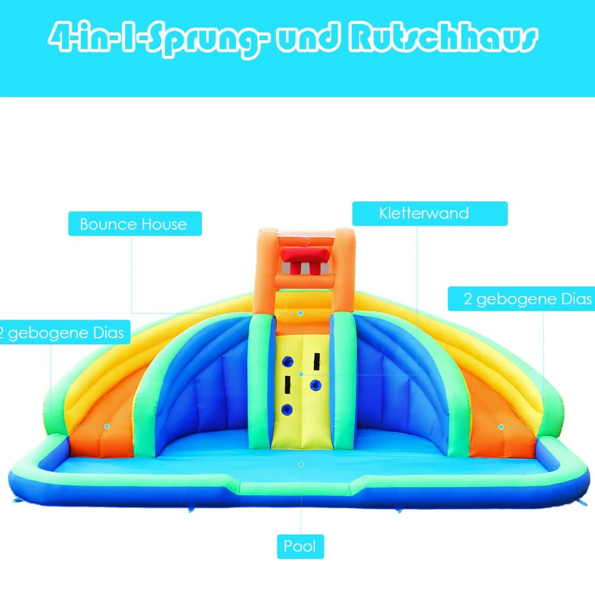 Hüpfburg aufblasbar Spielpool Wasserpark mit 2 Rutschen und Kletterwand 4,5x3x2M