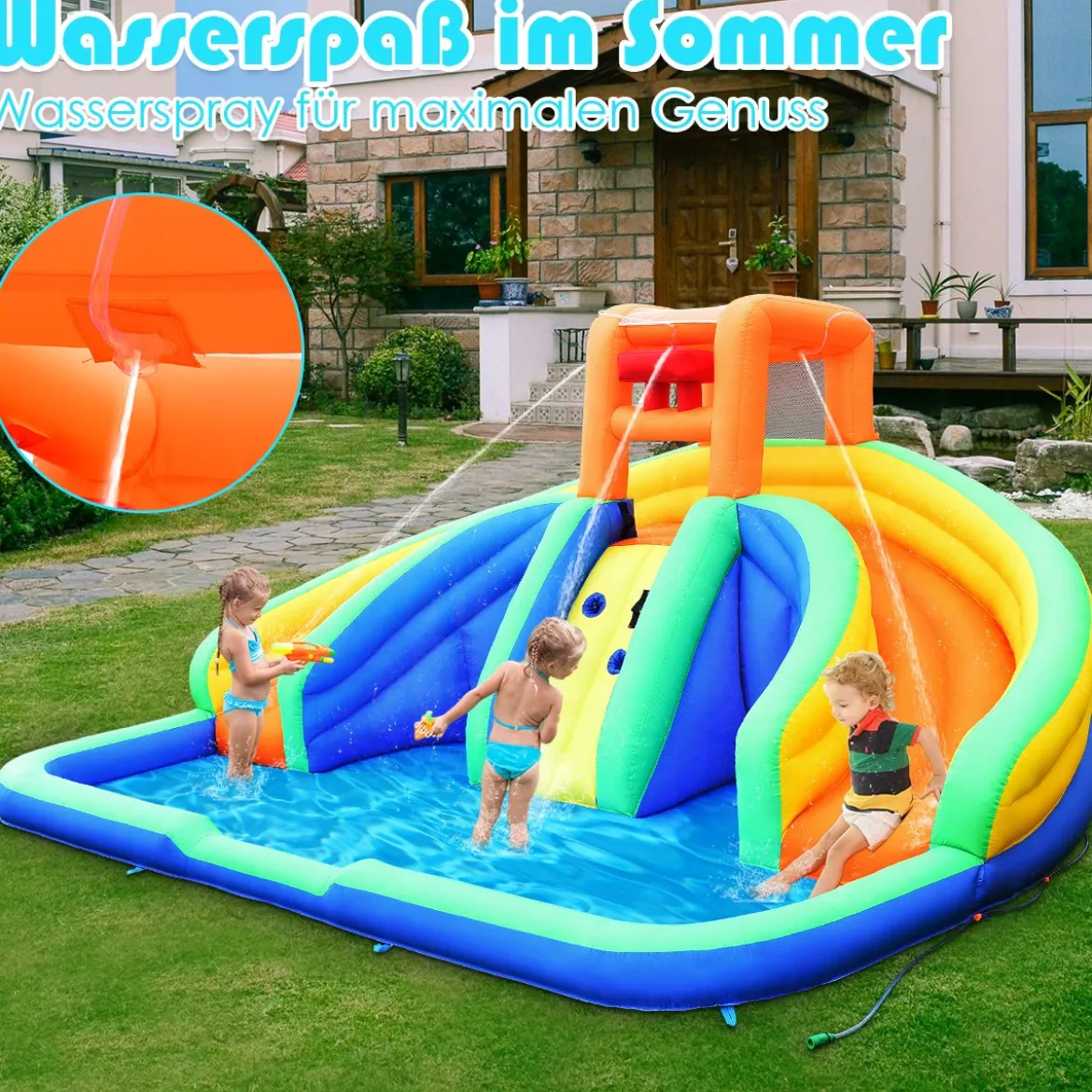 Hüpfburg aufblasbar Spielpool Wasserpark mit 2 Rutschen und Kletterwand 4,5x3x2M